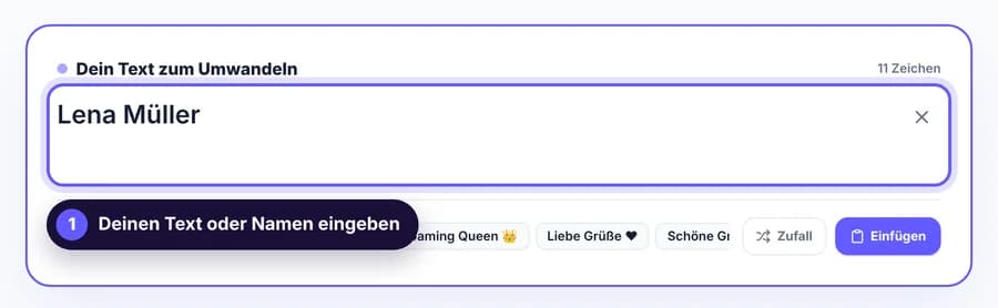 Eingabefeld des Schriftgenerators mit dem eingetippten Namen „Lena Müller“ und der Zeichenzählung „11 Zeichen“.