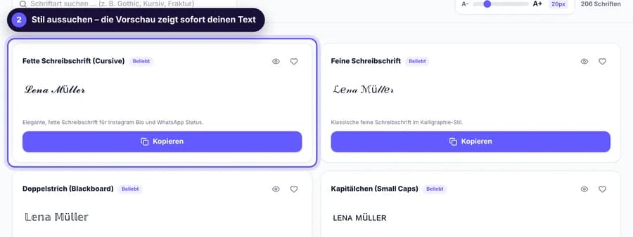 Stilauswahl des Schriftgenerators: derselbe Name in Fetter Schreibschrift, Feiner Schreibschrift, Doppelstrich und Kapitälchen nebeneinander.