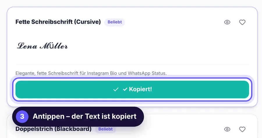 Der Kopieren-Button einer Stilkarte wechselt nach dem Klick auf die grüne Bestätigung „Kopiert!“.