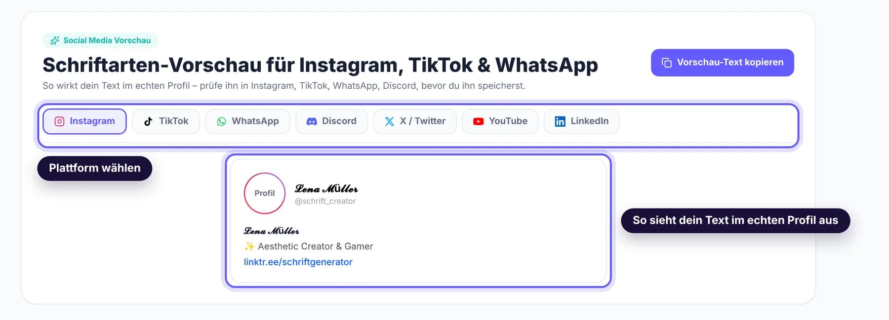 Social-Media-Vorschau des Schriftgenerators: Reiter für Instagram, TikTok, WhatsApp, Discord, X, YouTube und LinkedIn, darunter ein Instagram-Profil mit dem Namen in Schreibschrift.